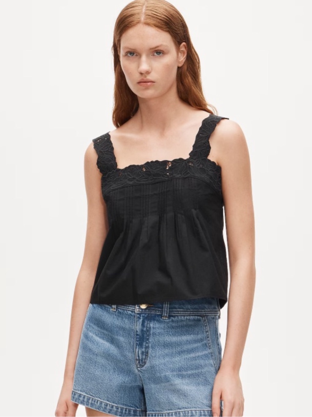 J. Crew Black Lace-Trim Square Neck Tank Top